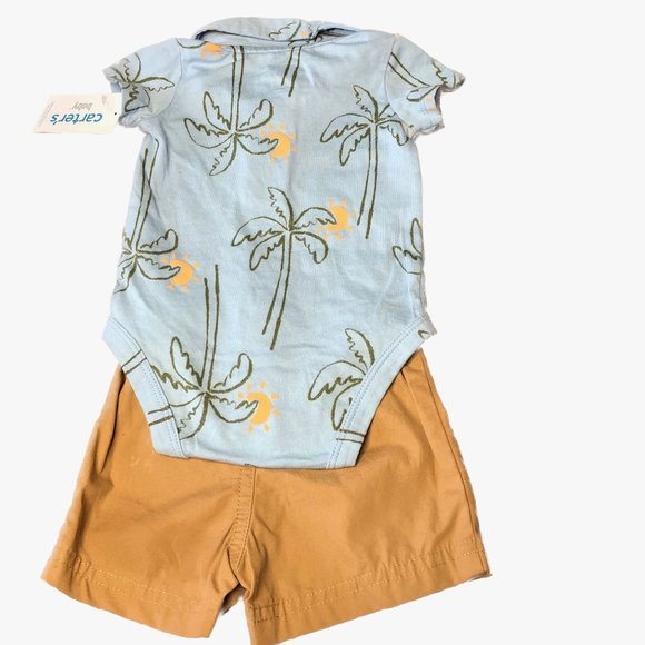 Carter's Baby Boy 2 Piece Bodysuit with Shorts Blue with Palm Trees Sun 3M - Picture 2 of 7